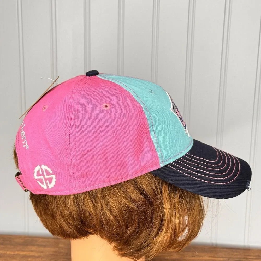 Simply Southern Happy Camper Embroidered Pink Aqua Baseball Hat Cap Distressed